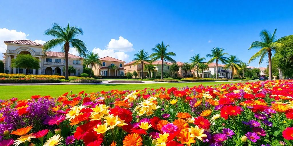 Colorful flowers blooming in sunny Aventura, Florida.