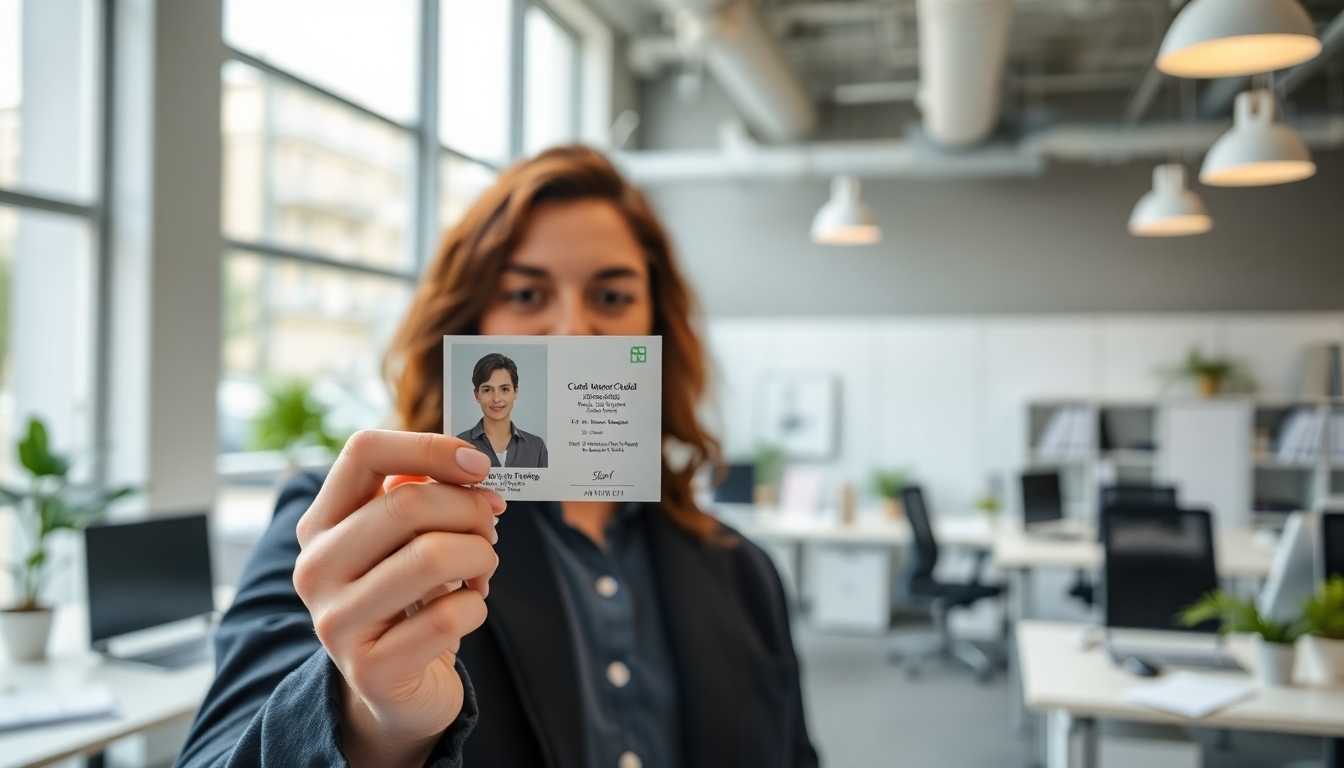 Pessoa segurando identificação em ambiente de escritório moderno.