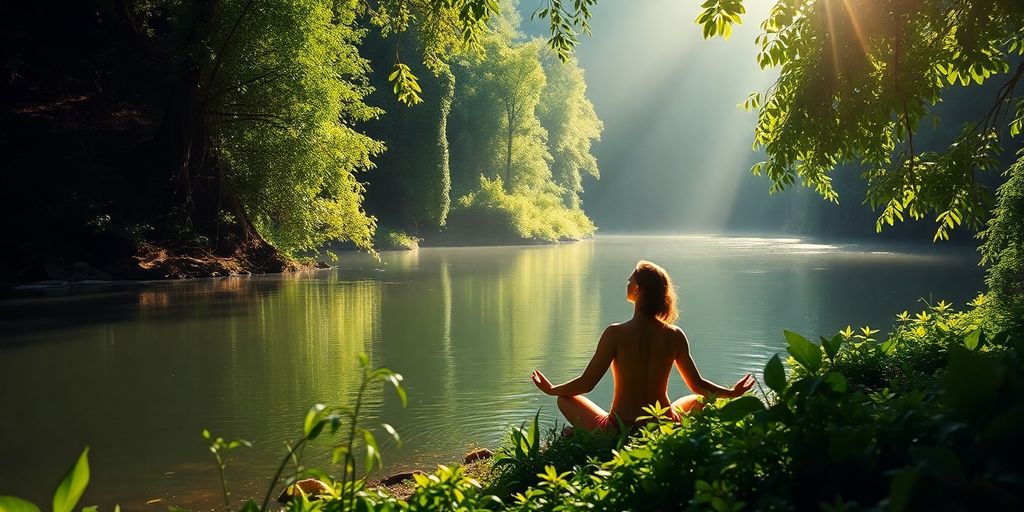 Person meditating peacefully outdoors in nature.
