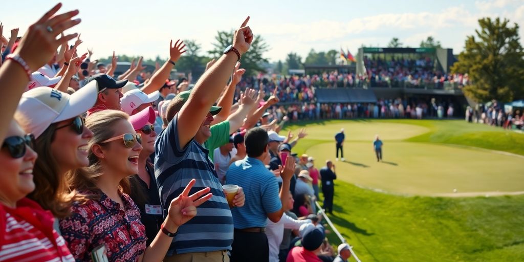 Golf fans cheering at a PGA Tour event.
