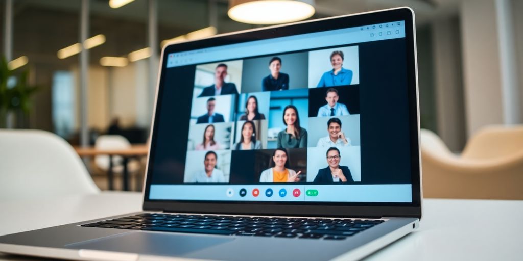 Laptop with video call interface in a modern office.