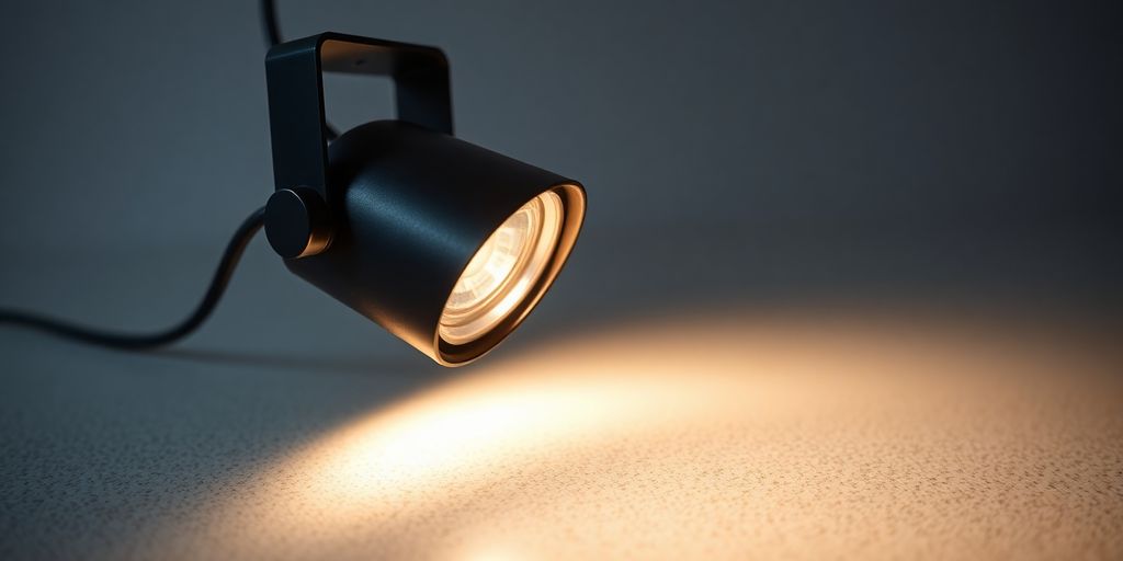 Modern spotlight with integrated switch casting a bright beam.