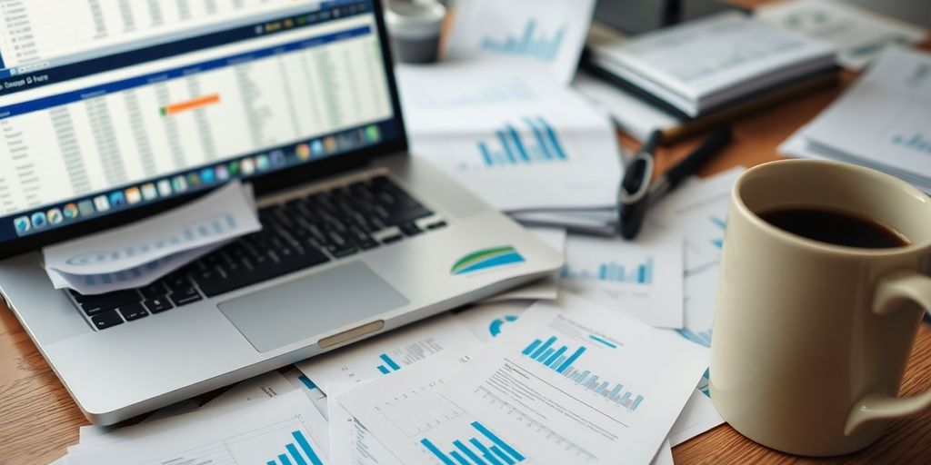 Cluttered desk with data reports and laptop in disarray.