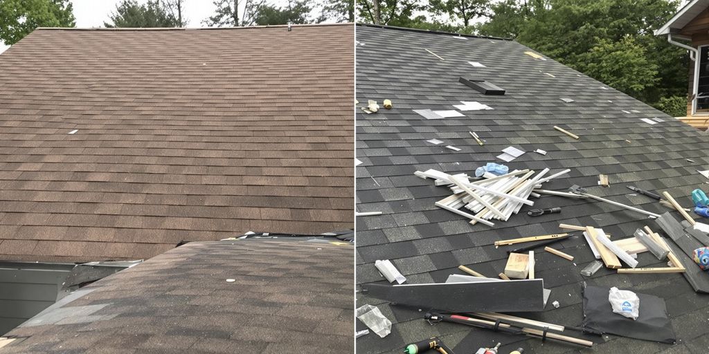 Comparing a home roof with tools on the ground.