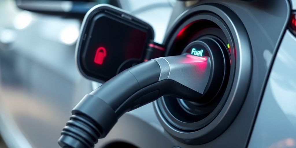 Close-up of EV charger indicating full charge status.