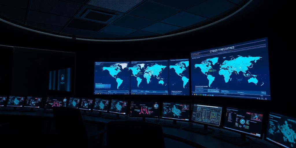 High-tech Cyber Intelligence Centre with digital displays.