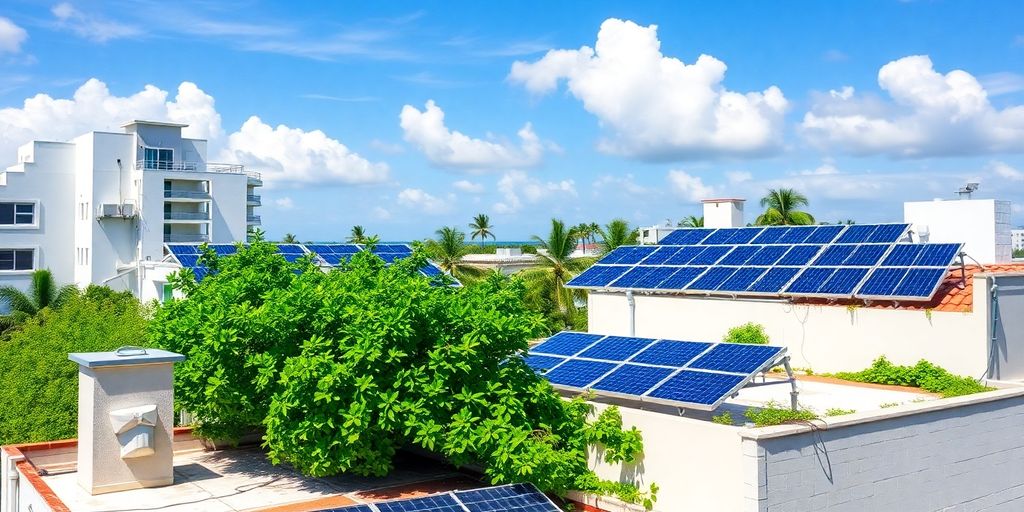 Solar panels on rooftops in sunny Miami.