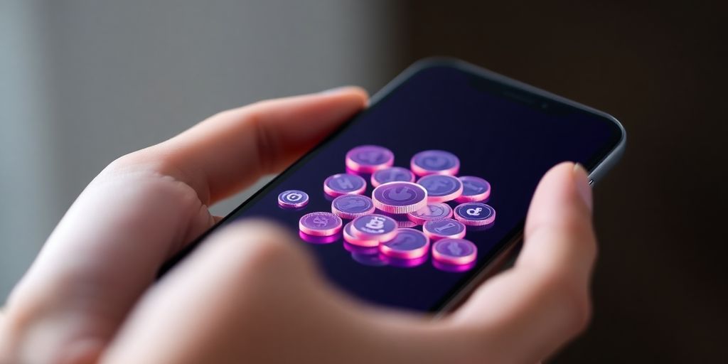 Smartphone displaying crypto app, secure digital coins.
