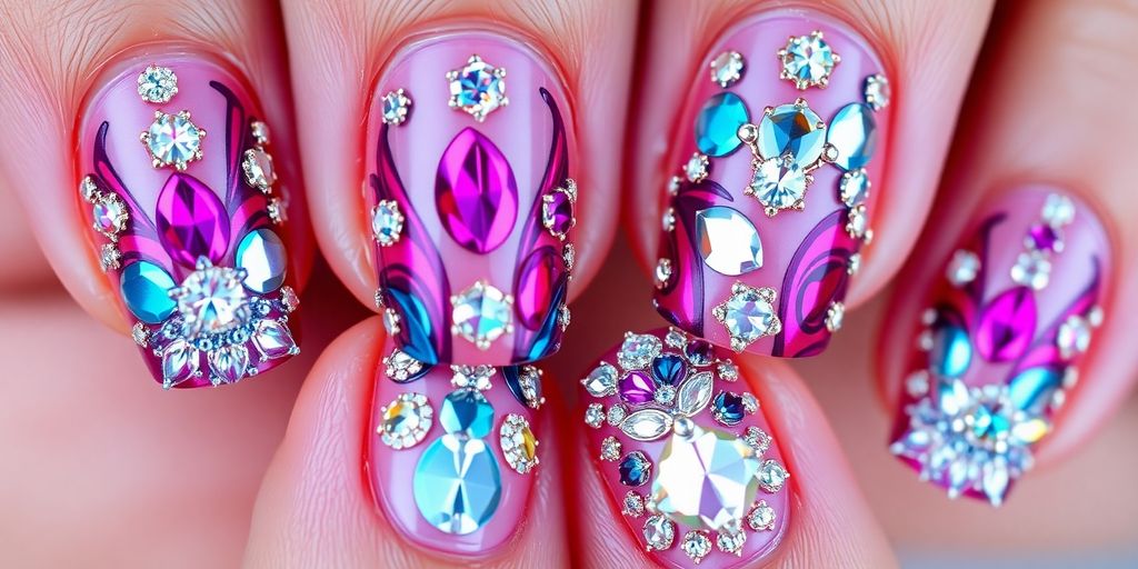 Unhas decoradas com pedras brilhantes e vibrantes.