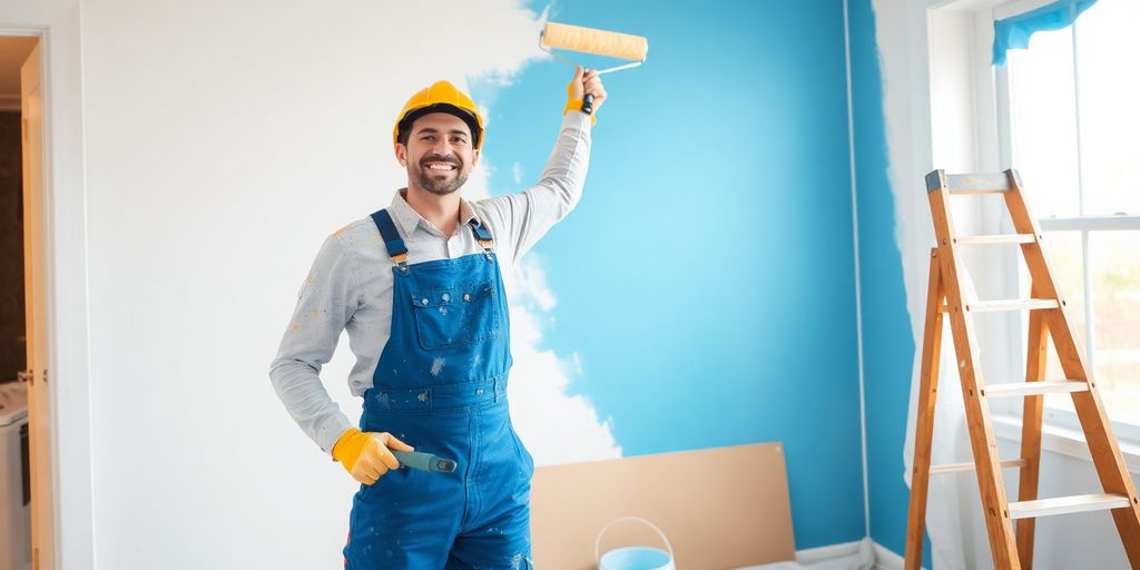 Painter in uniform rolling blue paint on an interior wall.