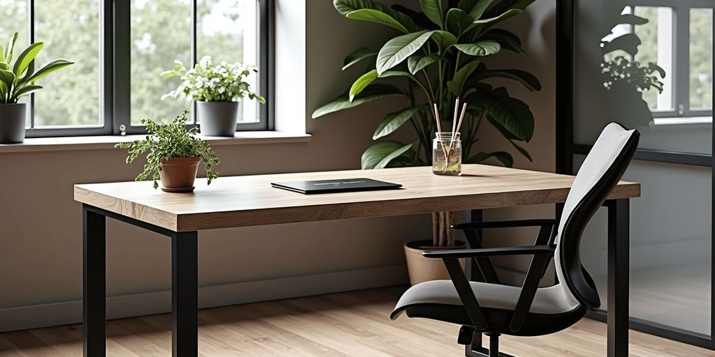 Modern workspace with a wooden desk, plants, and a chair.