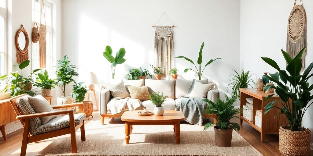Bohemian chic living room with natural light.