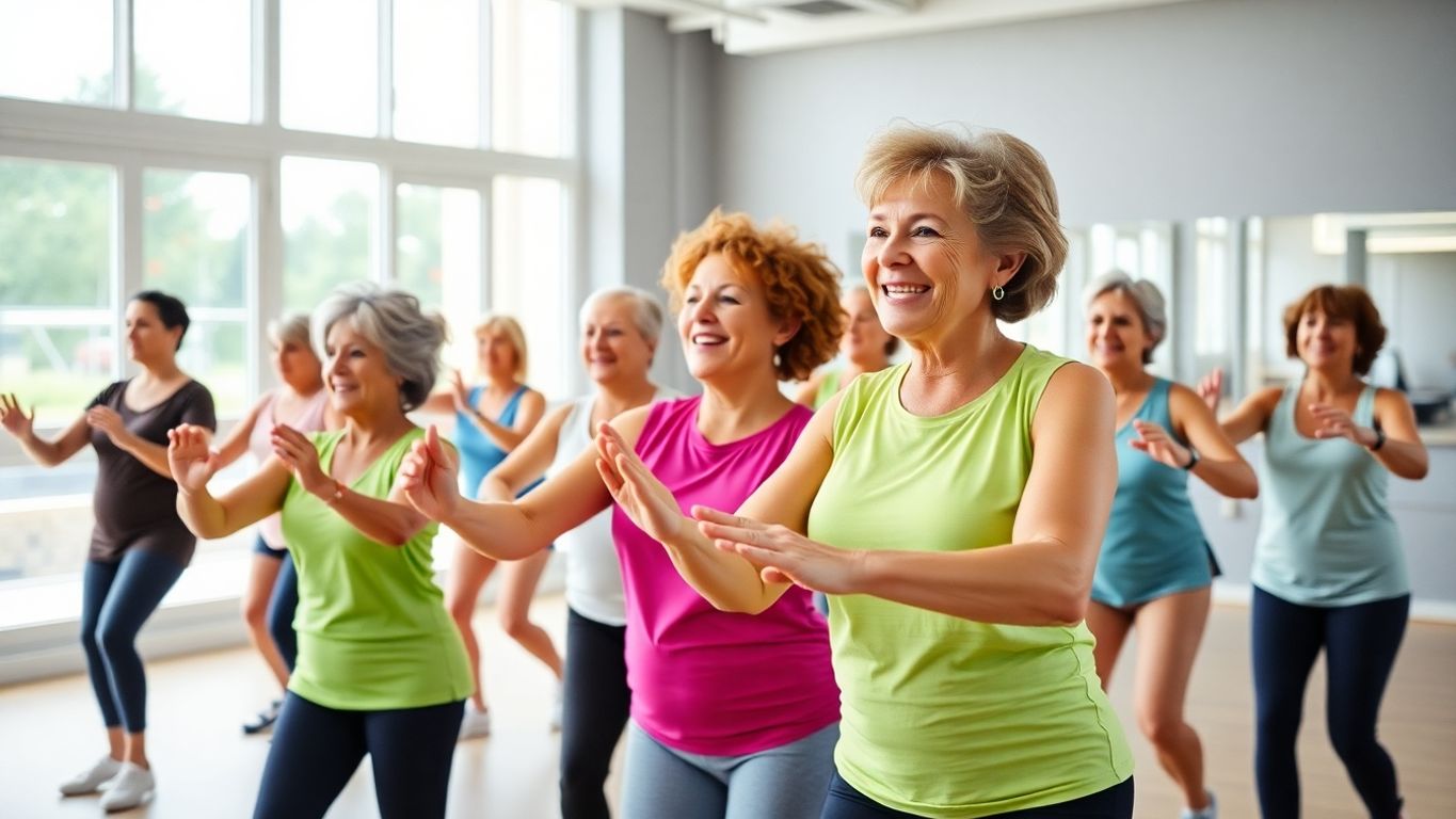 Group of people doing low-impact aerobics in a studio.