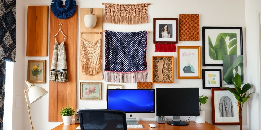 Textured wall decor in a stylish home office.