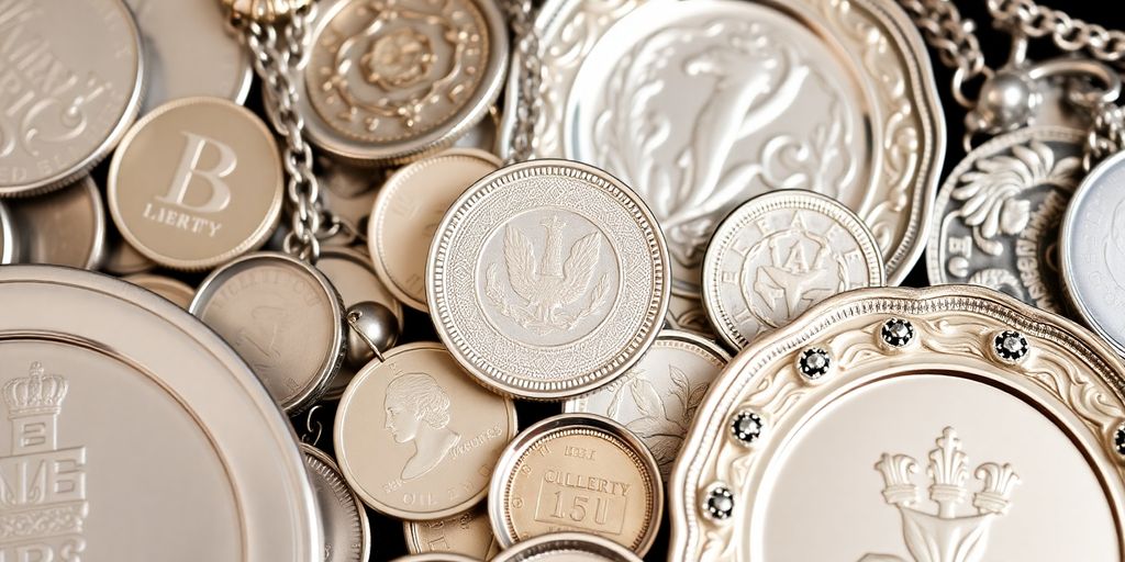 Various silver coins, jewellery, and plates on display.