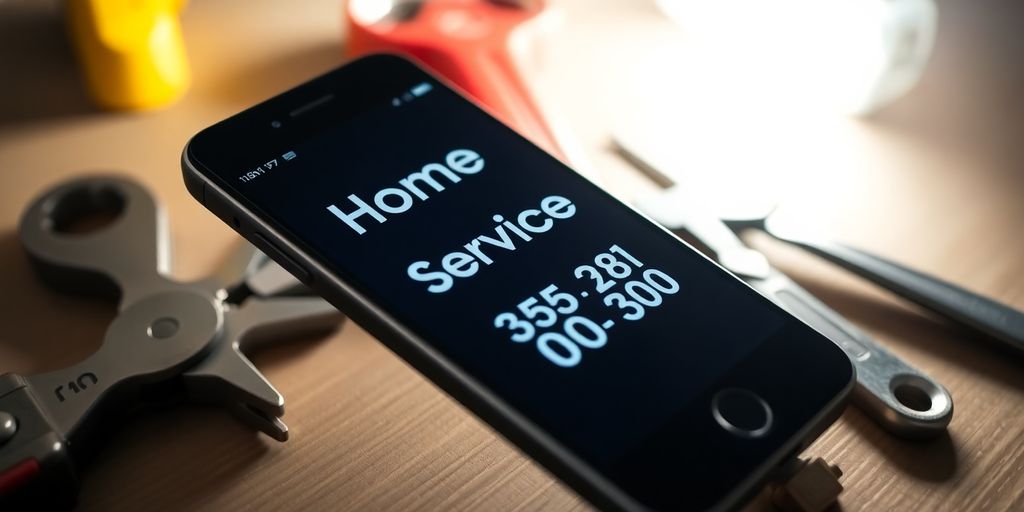 Smartphone with home service number and repair tools nearby.