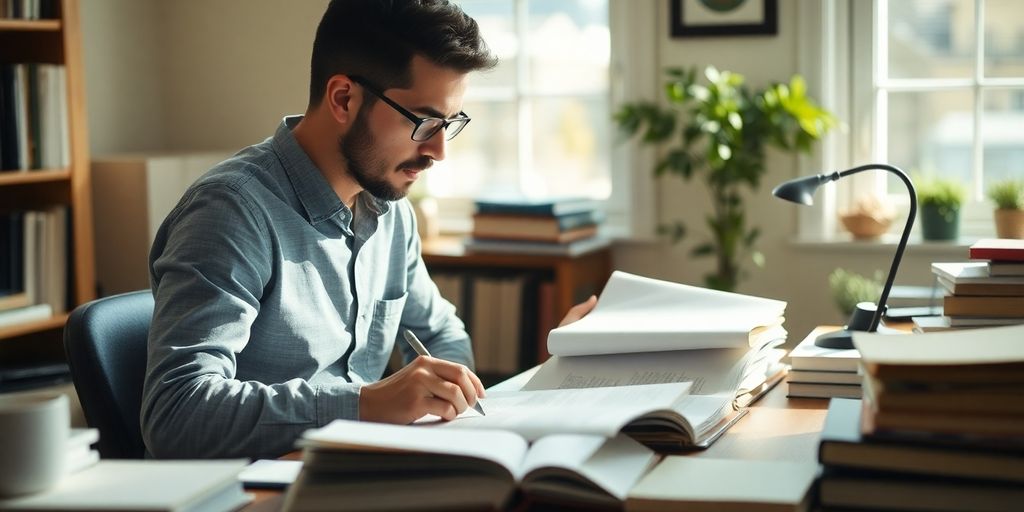 Persona researching quietly at home, surrounded by books.