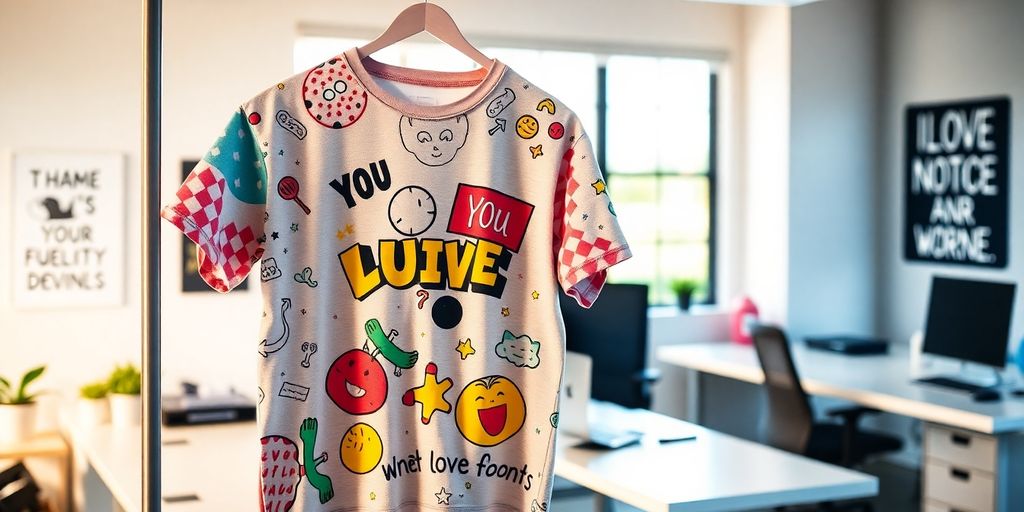 Quirky t-shirt on a rack in a modern workspace.