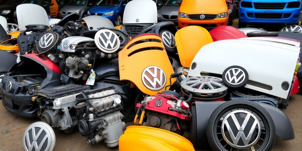 Volkswagen vehicles and parts at a dismantling yard.