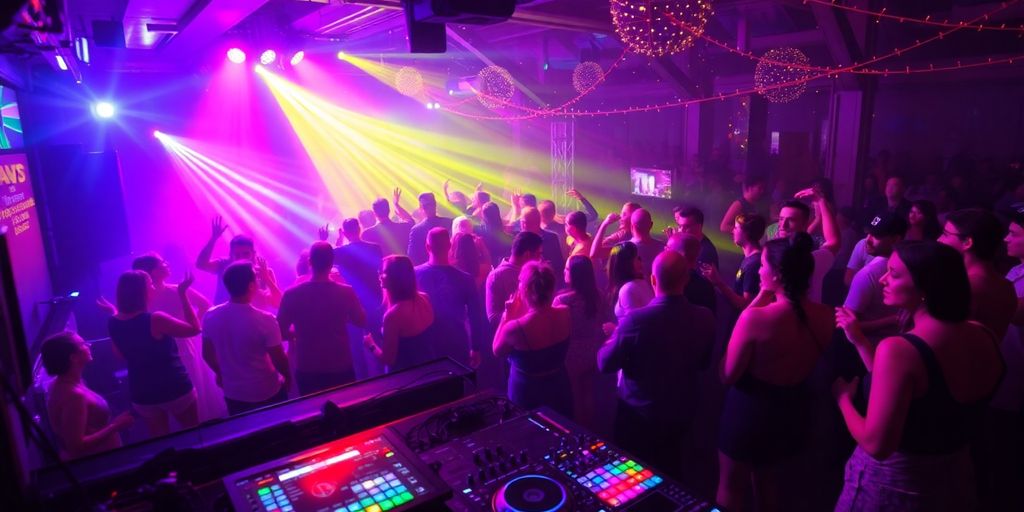 DJ mixing music at a lively party celebration.