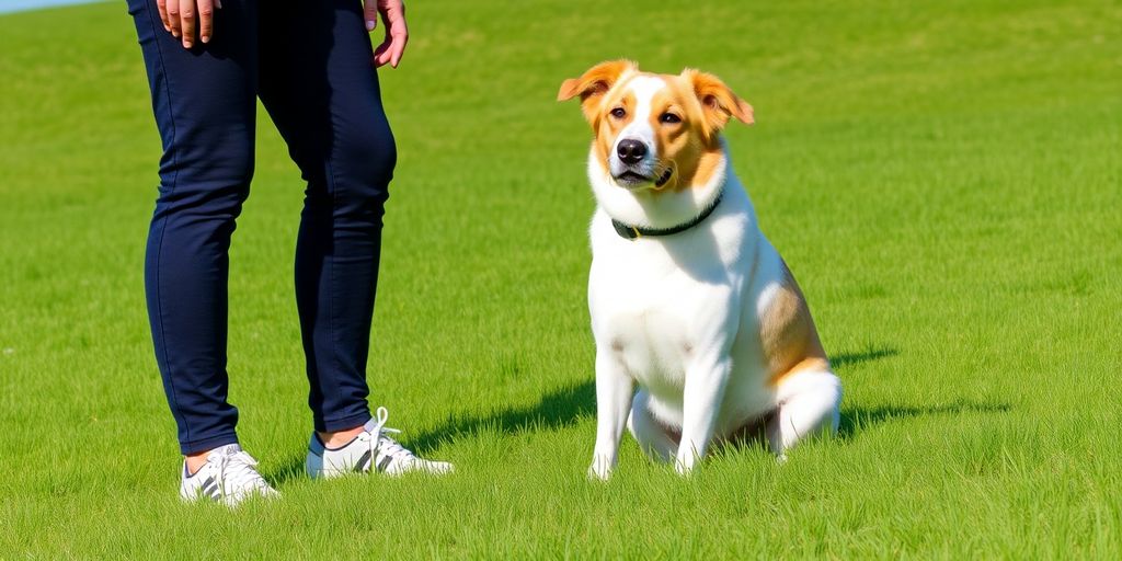 A dog sitting on grass, obeying the stay command.
