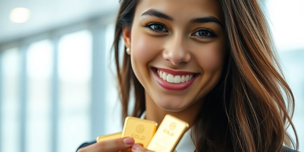 Jeune femme souriante, lingots d'or