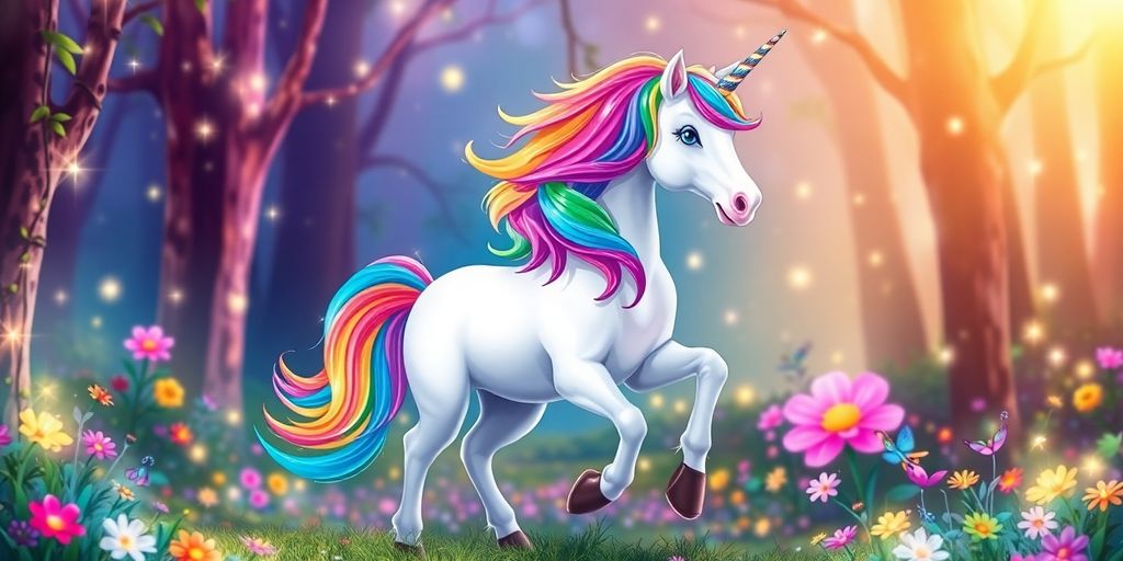 Colorful unicorn in a magical forest with sparkles.