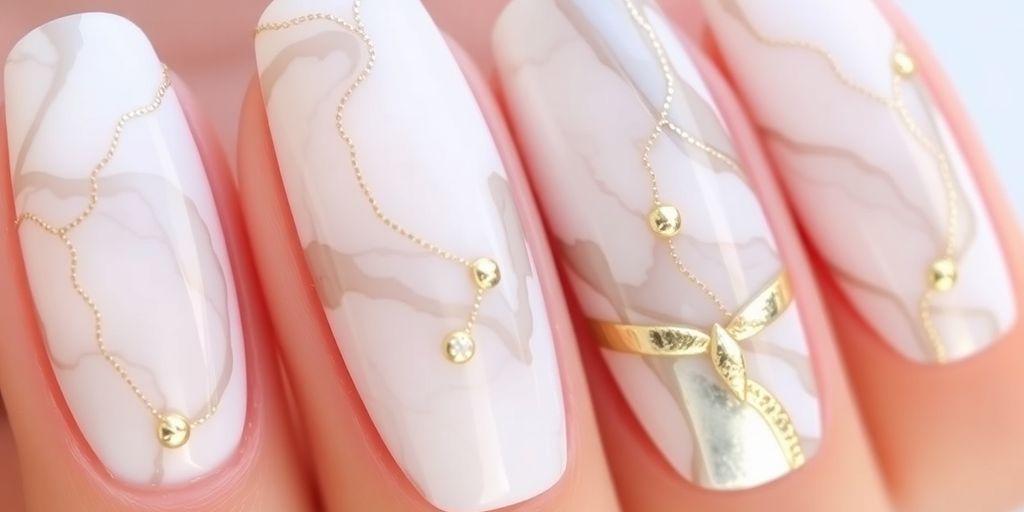 Elegant marble and metallic nail extension design close-up.