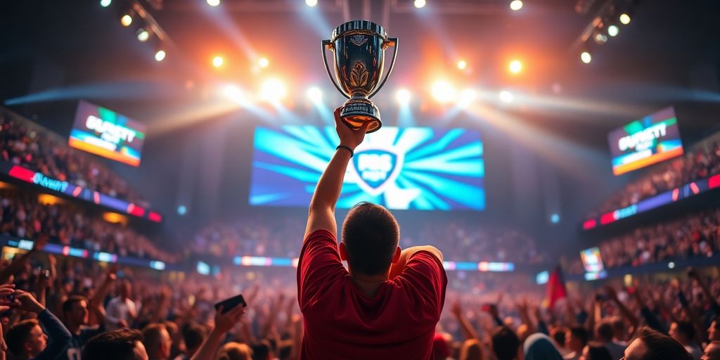 Esports champion holding trophy, crowd cheering stadium lights