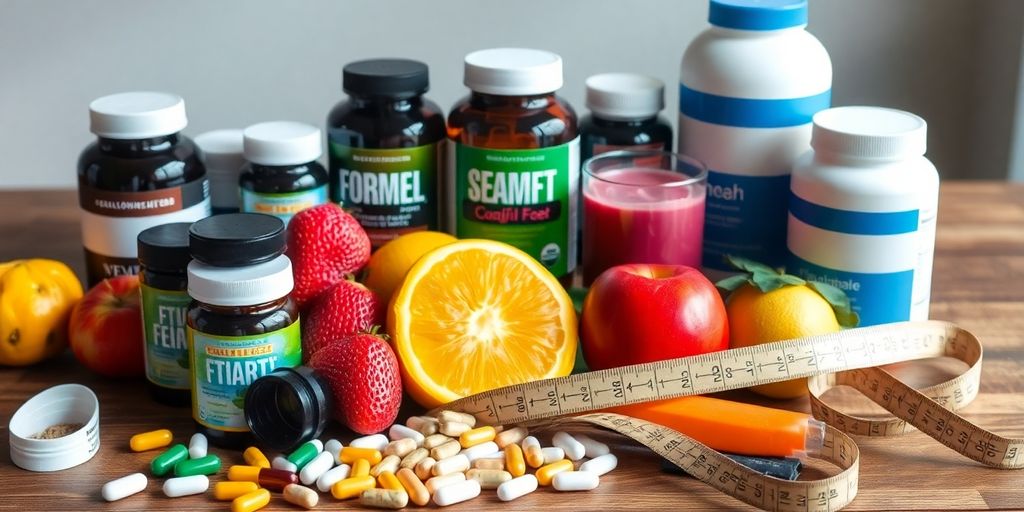 Colorful supplements with fruits and measuring tape on table.
