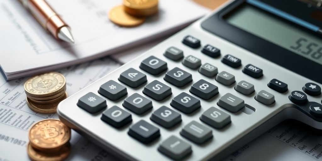 Calculator and financial documents on a desk.