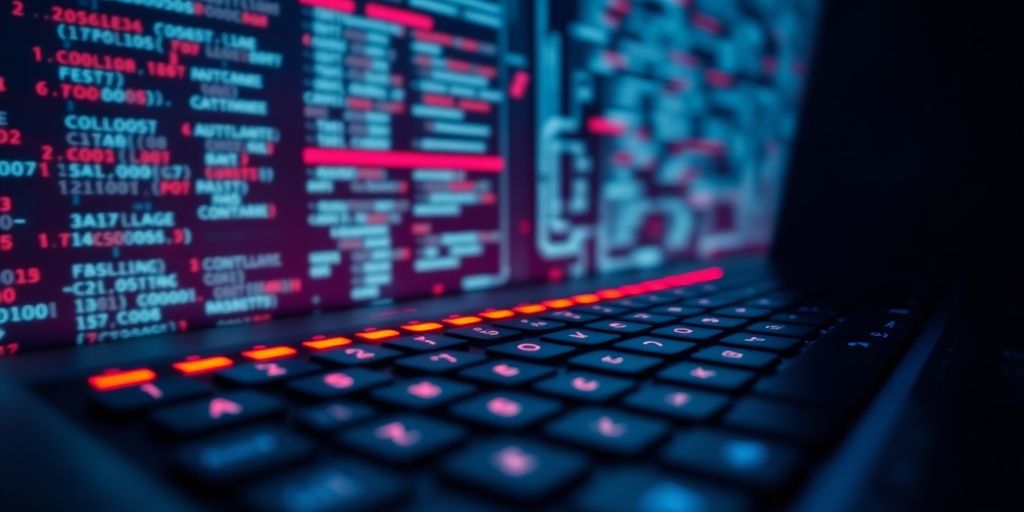 Close-up of a keyboard with glowing cyber elements.