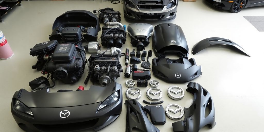 Mazda car parts arranged neatly.