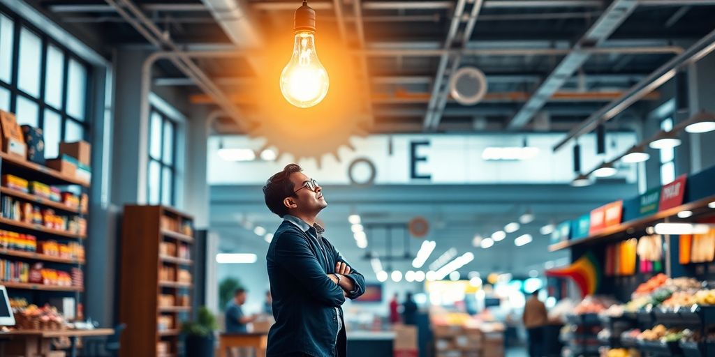 Entrepreneur thinking, lightbulb, gears, market.