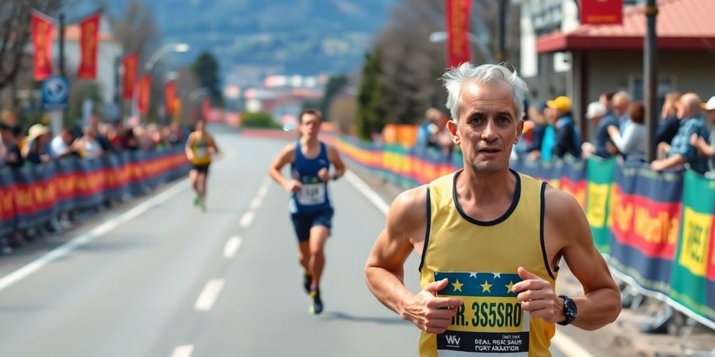 Runner on a marathon course with cheering crowd.