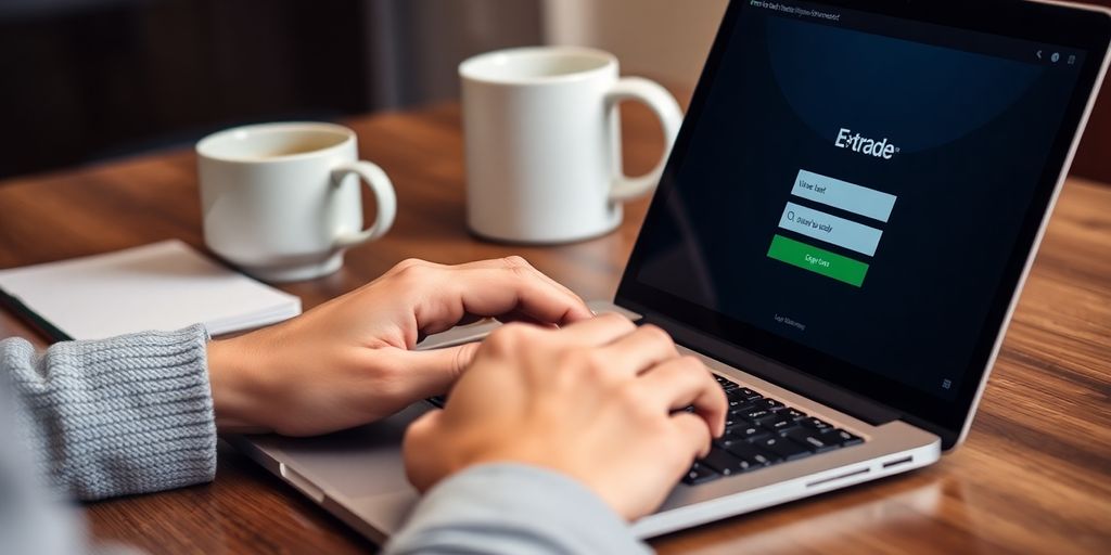 Person using laptop for E*TRADE account access.