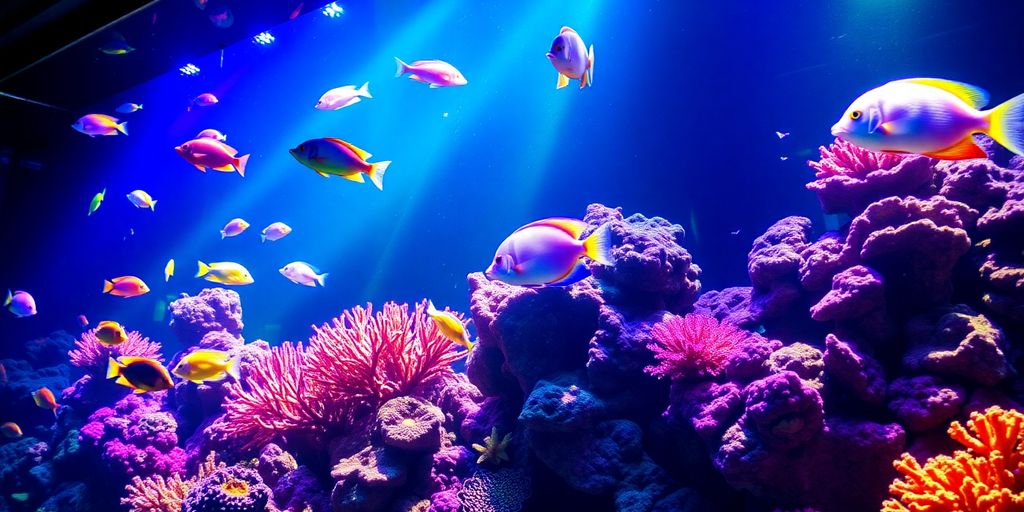 Peces marinos coloridos en un acuario iluminado.