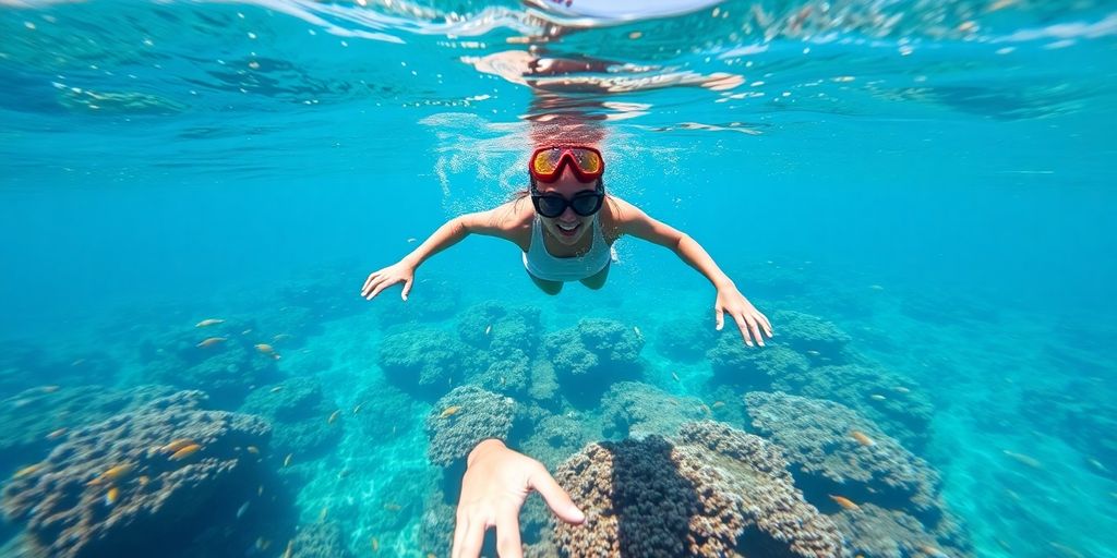Snorkeler swims with colorful fish in clear Cabo waters.