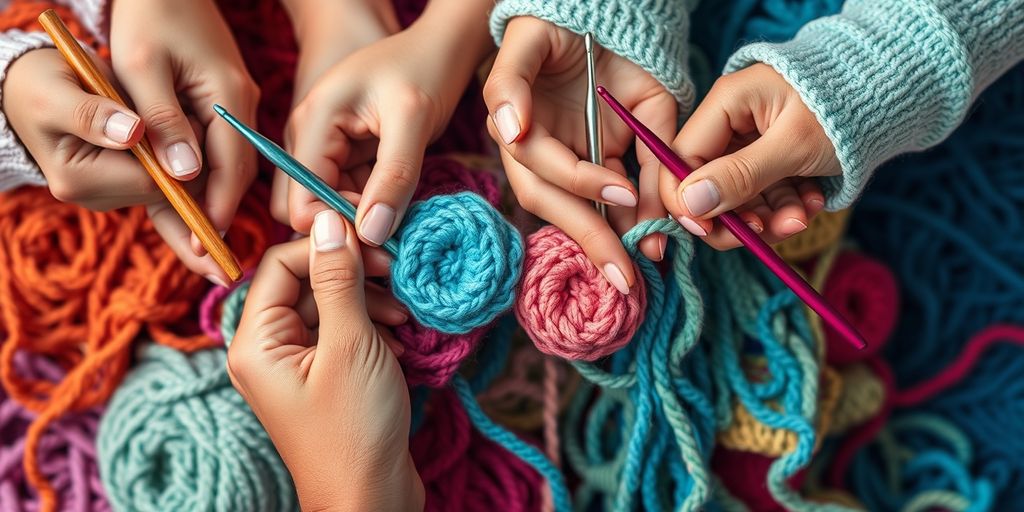 Hands holding colorful crochet hooks and yarns.