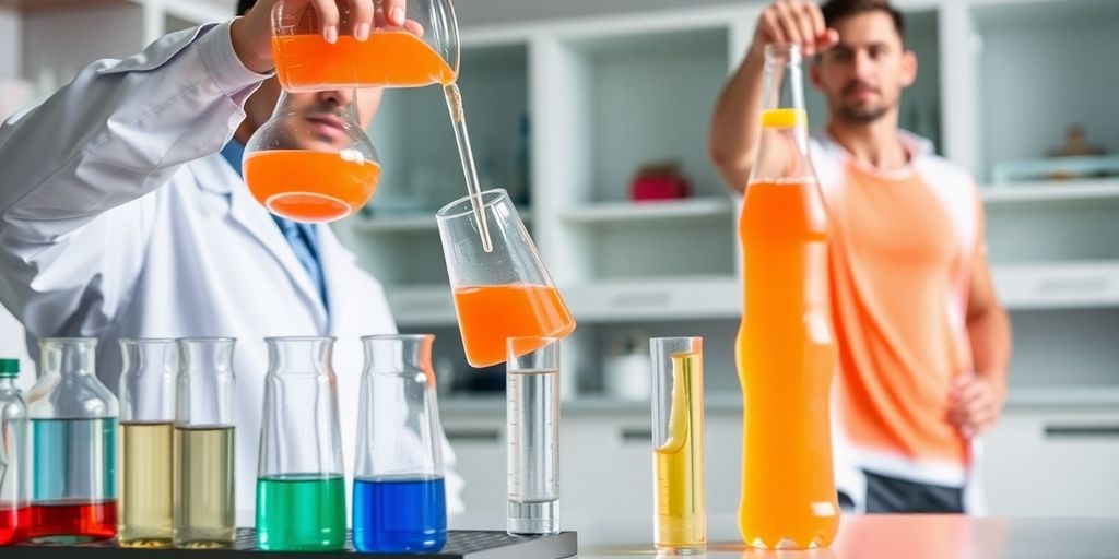 Lab scientist pours orange electrolyte drink into glass test tube.