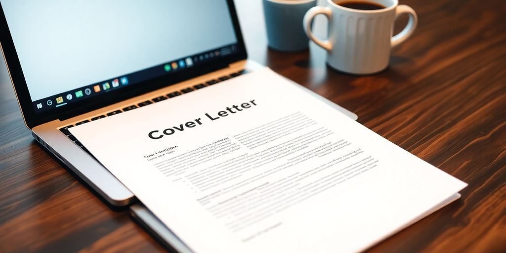 Close-up of a cover letter and laptop on a desk.