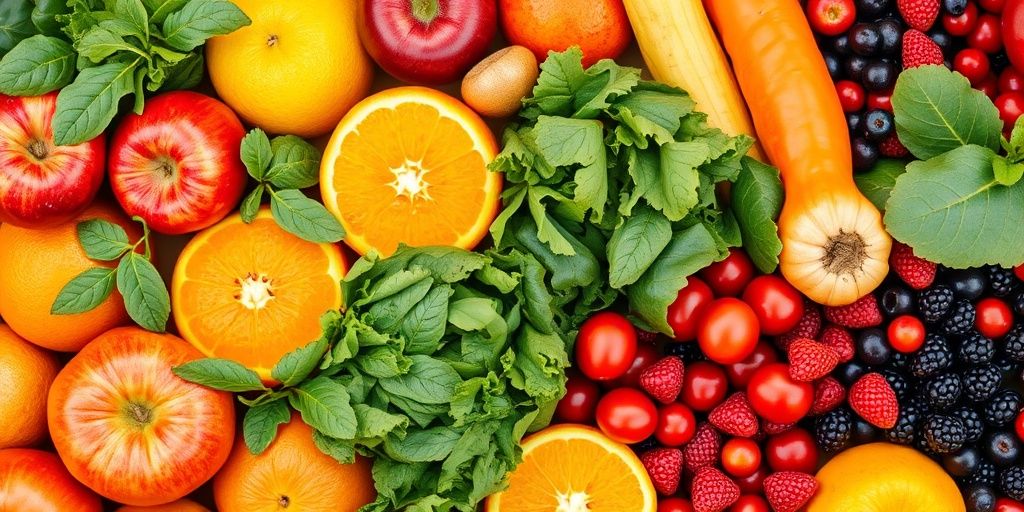 Fresh fruits and vegetables arranged attractively.