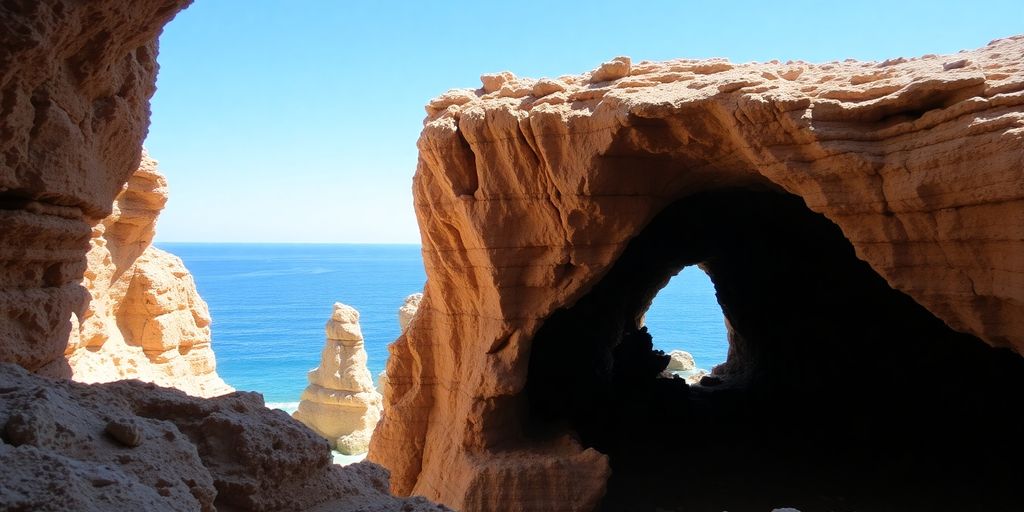 Grotte d'Hercule, Maroc, entrée rocheuse, vue océan