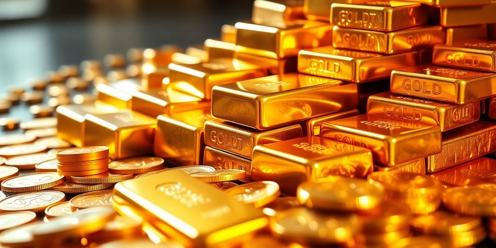 Lingots d'or et pièces d'or scintillant sous une lumière vive.