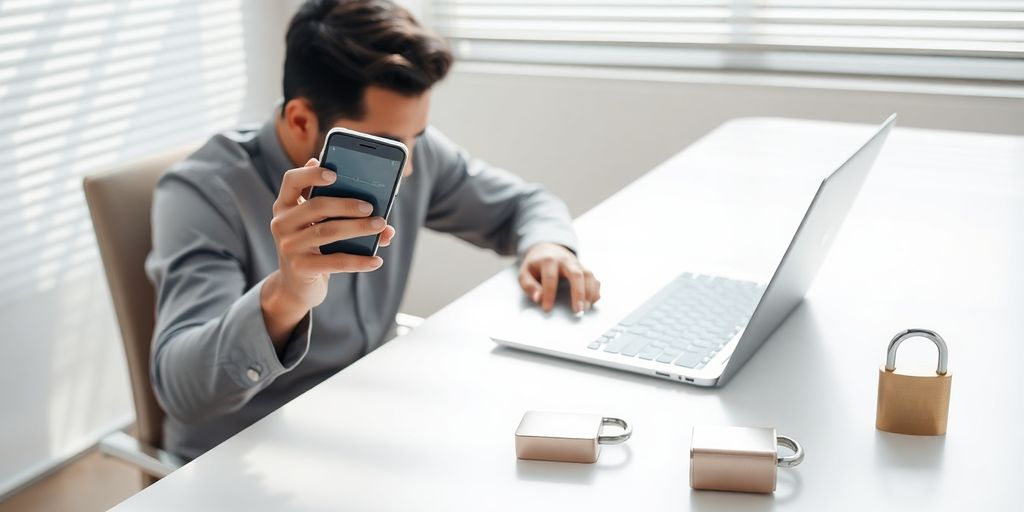 Professional holding smartphone at modern desk with padlock and laptop
