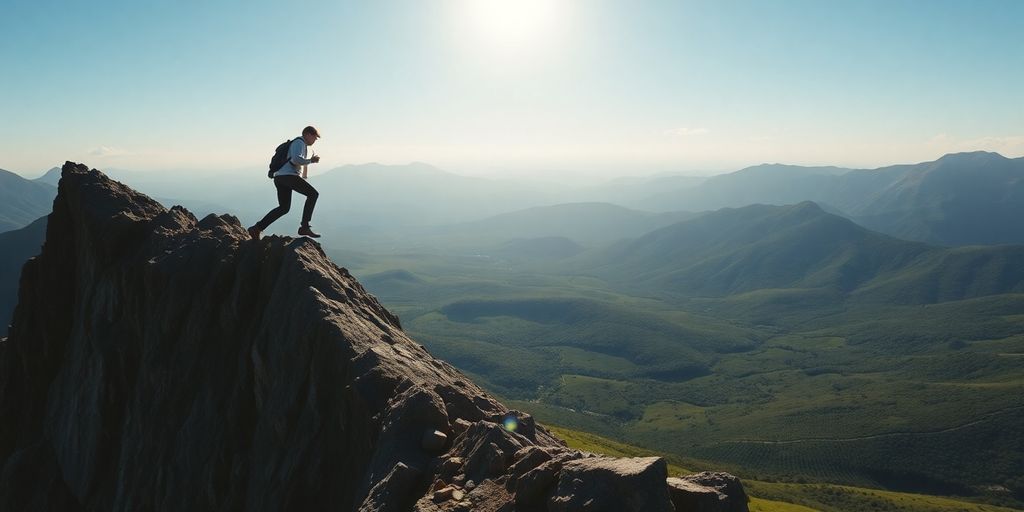 Person reaching mountain summit at sunrise.