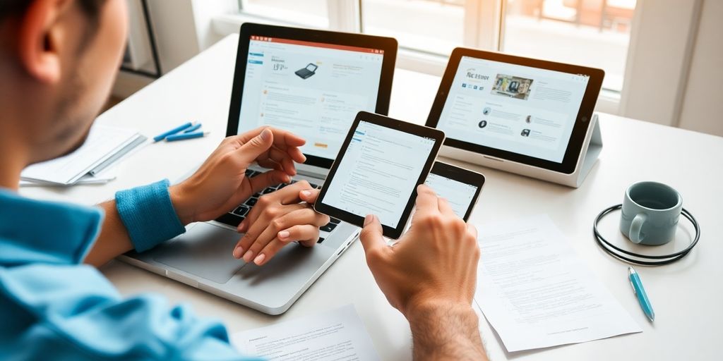 Person comparing product reviews on multiple devices.