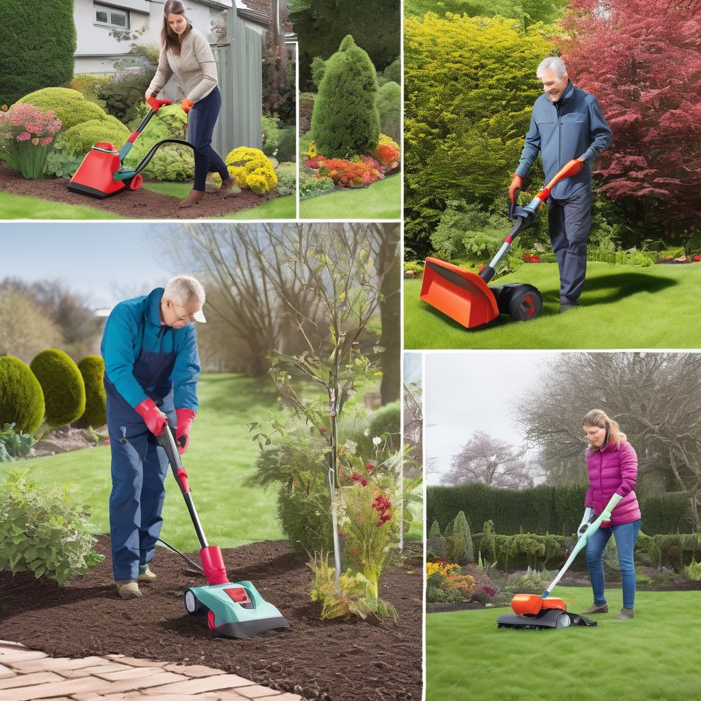 electric and battery-powered gardening tools in use during different seasons