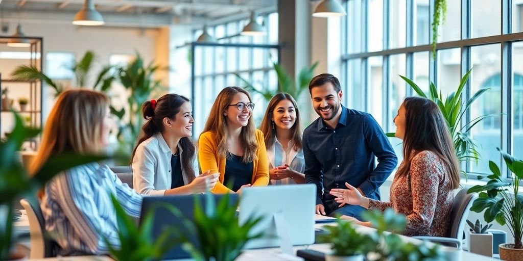 Empleados felices colaborando en un ambiente de oficina.