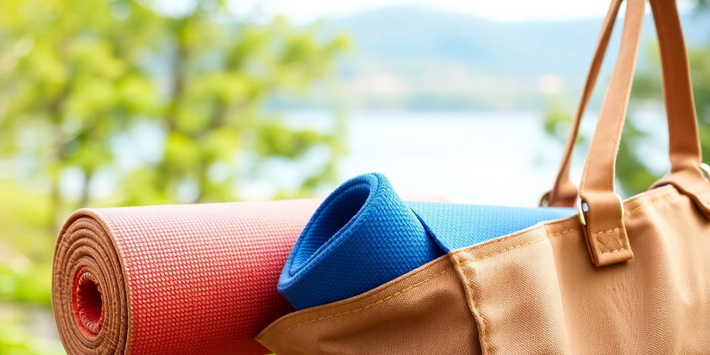 Yoga mat and eco-friendly bag on natural background.